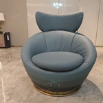 Dusty Blue Leather Lounge Chair with Elevated Headrest and High-Gloss Dark Back Panel